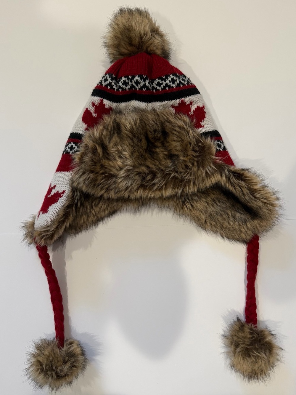 Kids Red Knit Faux-Fur Trapper Hat with Pom Poms